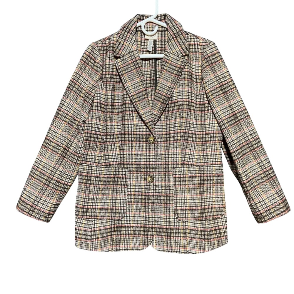 St Johns Bay Women's Size Petite PL Plaid Two Button Blazer Jacket Brown Tweed